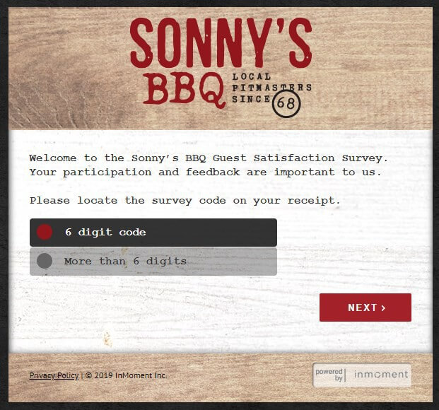 Enter Your 6 Digit Survey Code To Take Sonny's Bbq Survey