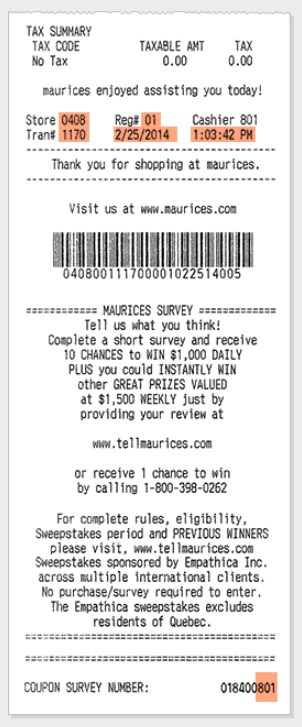 Location Of Information On Receipt For Tellmaurices Survey