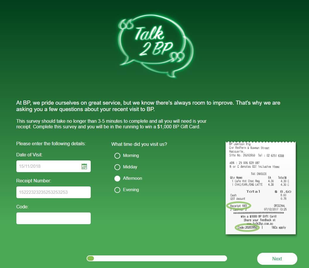 Screenshot Of Survey On Www.talk2bp.com.au